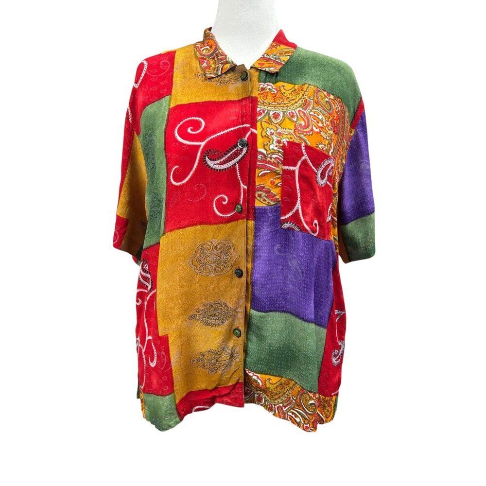 Vintage Chicos Design Artsy Button Up Shirt Size 2 L Short Sleeve Paisley Camp